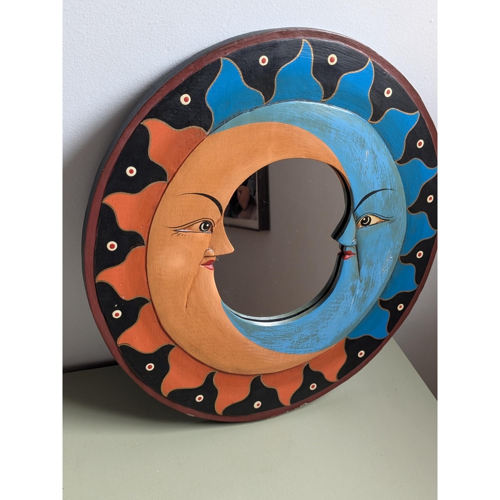 Vintage Sun Moon Wall Mirror Hand Painted Wood Celestial Boho Decor 15.5 Inch